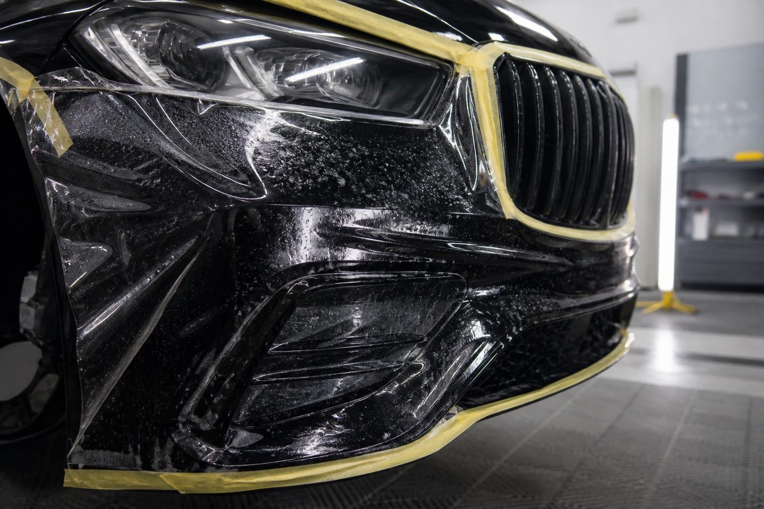 Clear PPF being installed on a black car front bumper