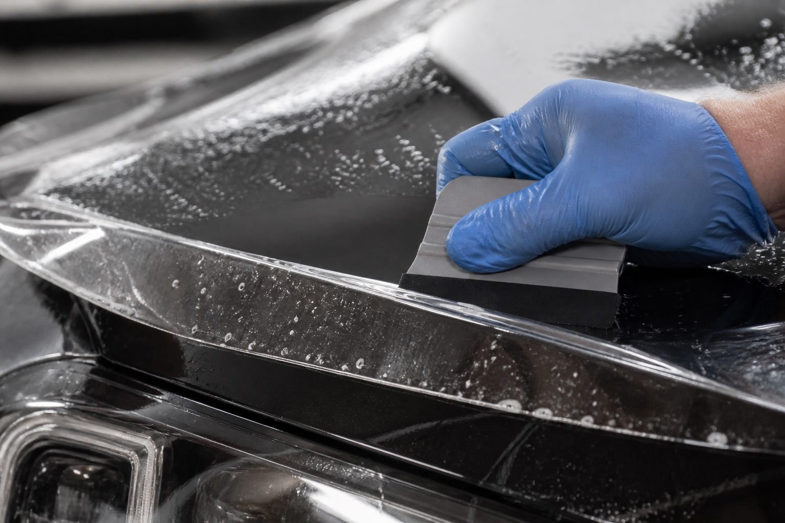 Installer squeegeeing clear paint protection film onto black paint