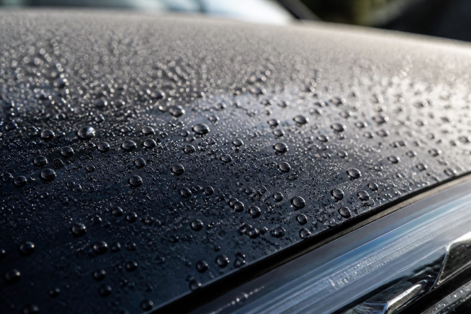 Water beading on black paint protected by clear hydrophobic PPF