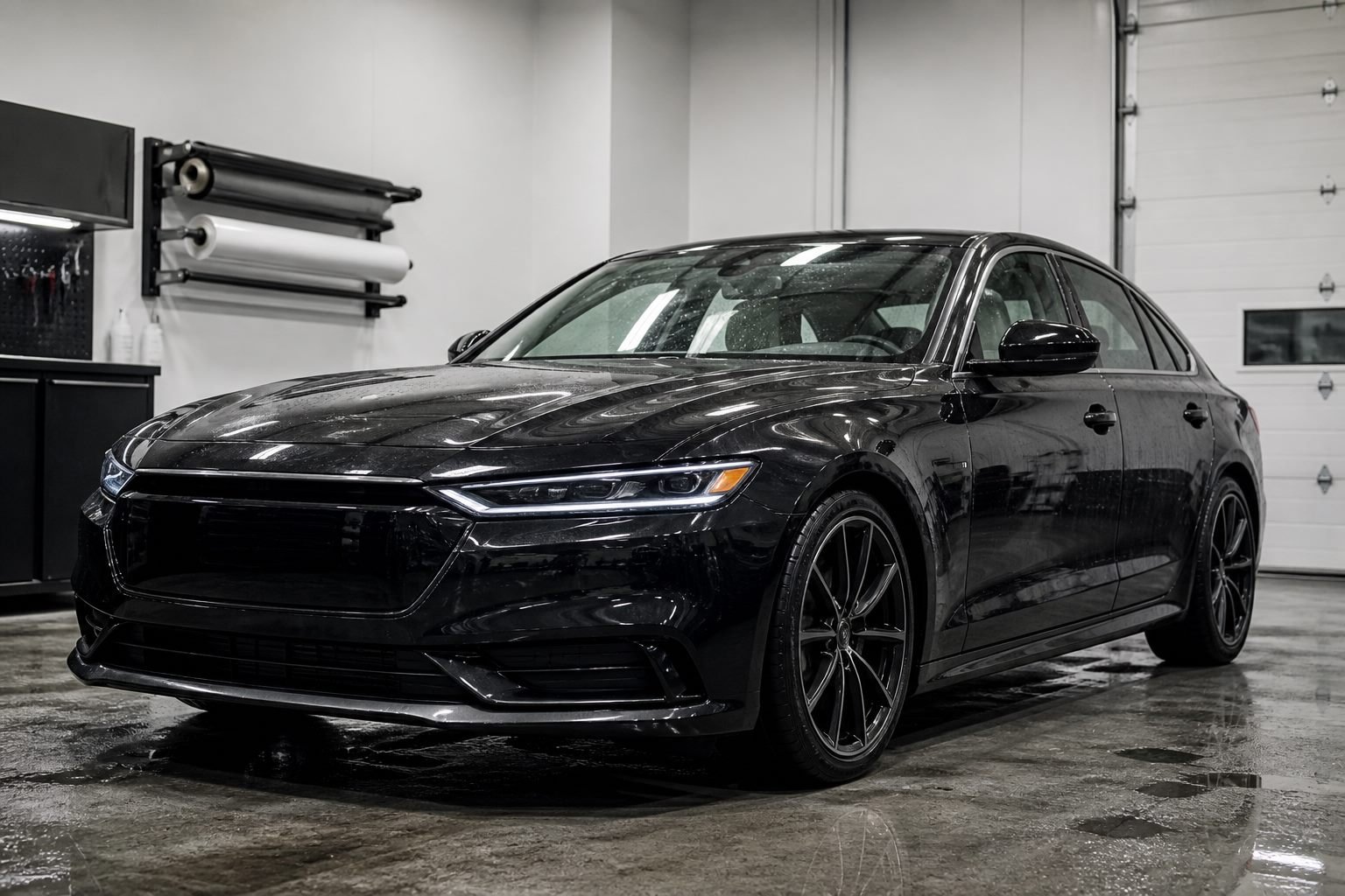 Black vehicle with full-body clear PPF finish in a wrap shop