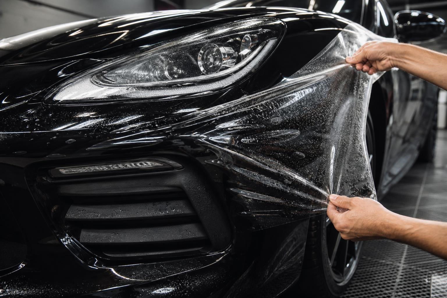 Clear film being applied on a dark vehicle in a wrap shop